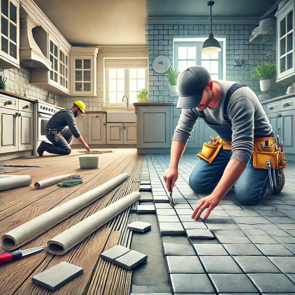 Contractors installing tiles in a house