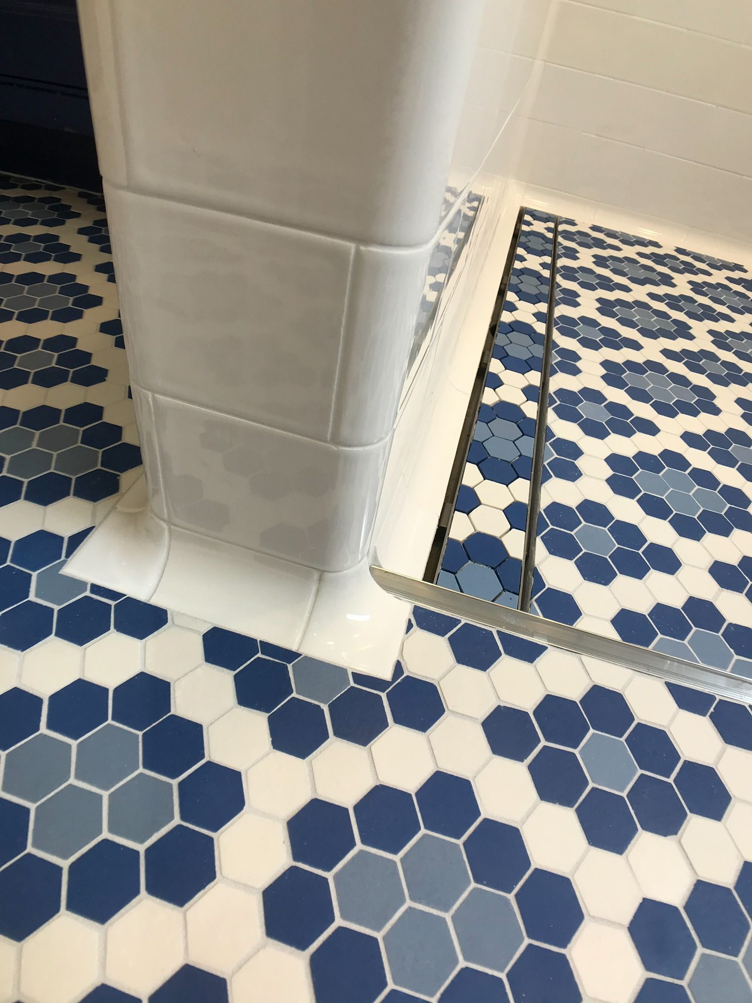 American Restoration Tile, Corner Detail, Curbless Linear Drain Shower.