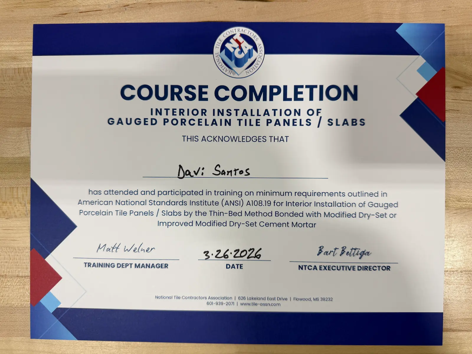 NTCA course completion certificate for interior installation of gauged porcelain tile panels and slabs — Davi Santos, March 2026