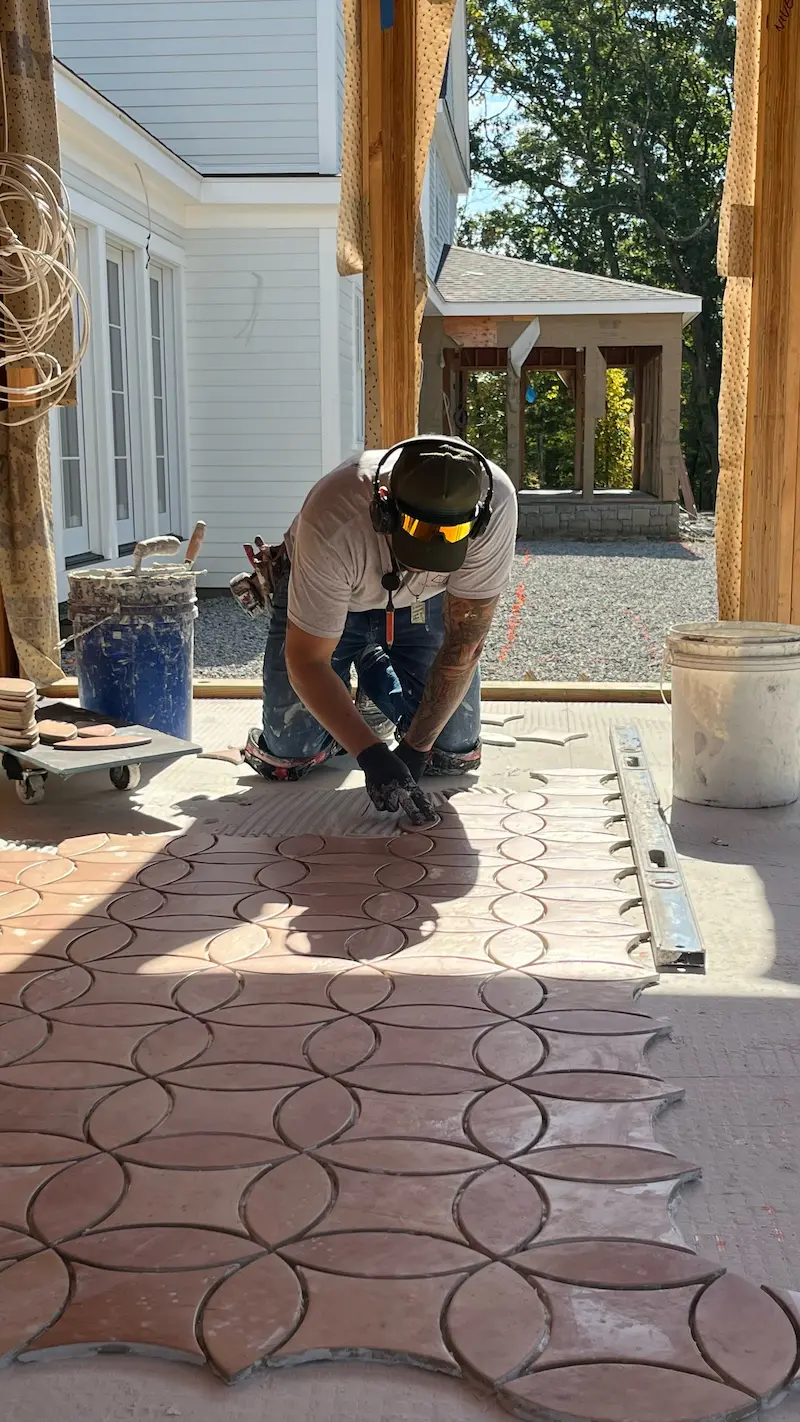 A Petal Mosaic Porch Floor in Dover, MA (Loose Pieces, Set by Hand, No Spacers)